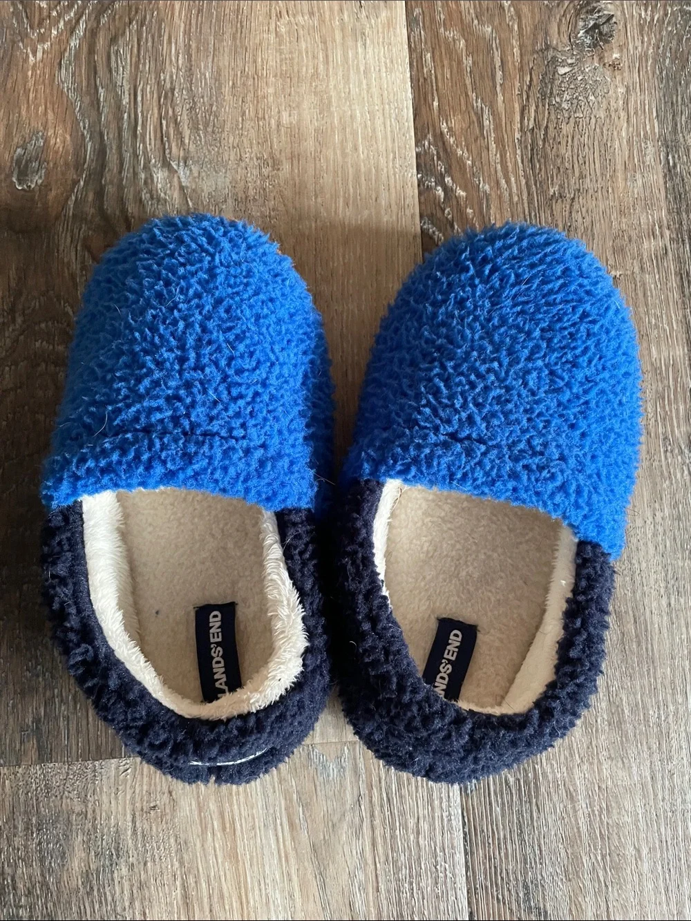 Lands' End Royal Blue Sherpa Slip-On Slippers with Navy Trim